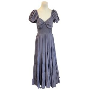 Free People Sundrenched Maxi Dress Blue Granite Smocked Fairy Prairie Ethereal L